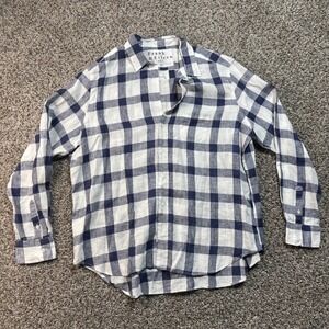 Frank & Eileen Women's Large Linen Button Up Shirt Blue White Plaid Italy